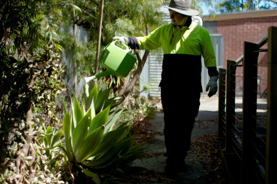 A young man wearing high viz long sleeved top and gardening gloves, watering plants outside with a watering can.